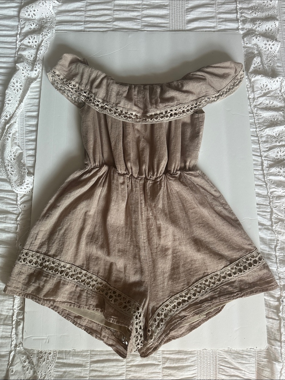 In the Beginning Off-Shoulder Lace-Trim Women's Romper — Taupe